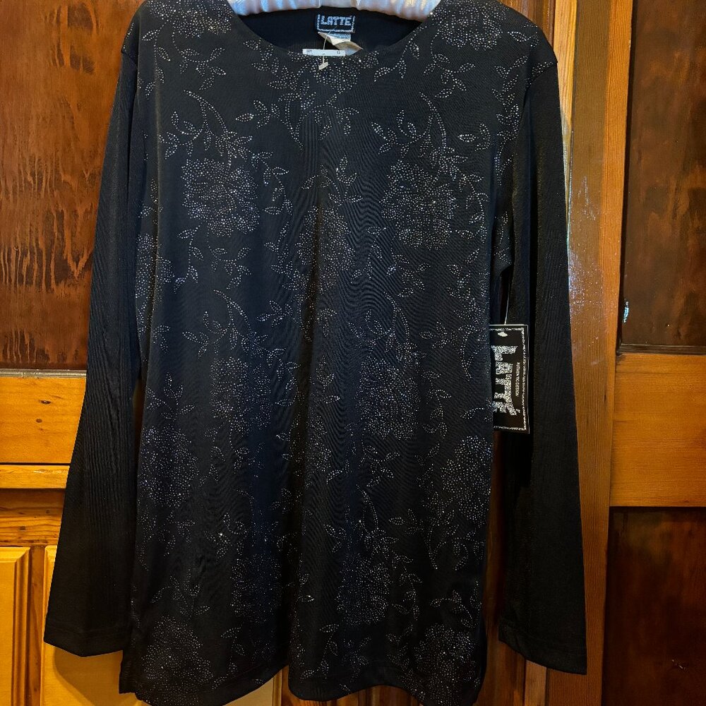 Vintage Latte Black Long Sleeved Rhinestone Floral Top Size Medium NWT